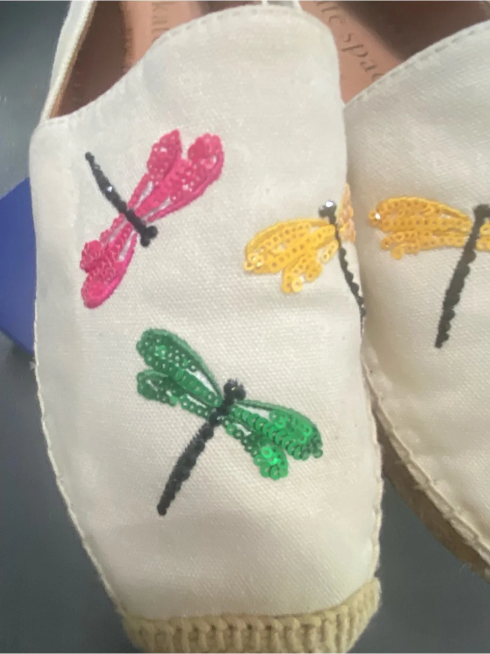 kate spade cream espadrilles with pink, yellow and green dragonfly embroidery